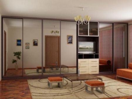 Зеркальные двери-купе в гостиной с натяжным потолком