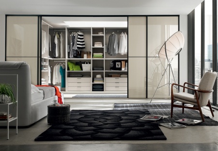 Двери-купе в профиле Slim Чёрный анод со вставками лакобель