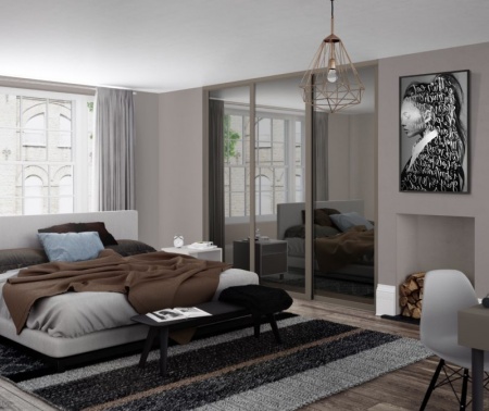 Двери-купе с зеркалом Графит в профиле Квадро в нишу в спальне