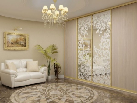 Двери-купе в профиле Стандарт Золото с зеркалом с рисунком